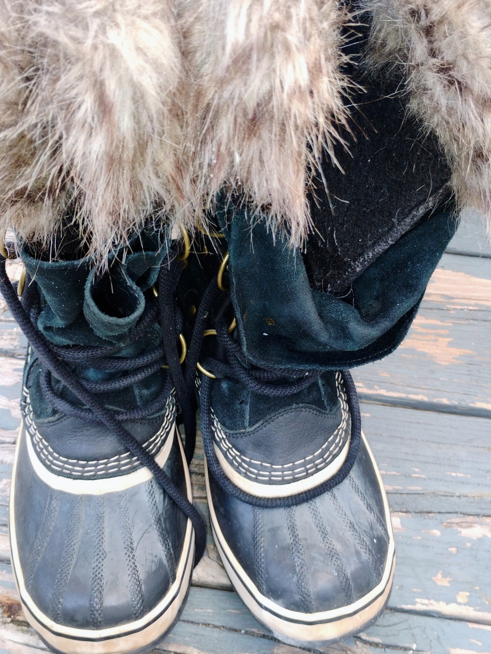 Source Unknown Black and Cream Faux-Fur Trim Winter Rain Boots